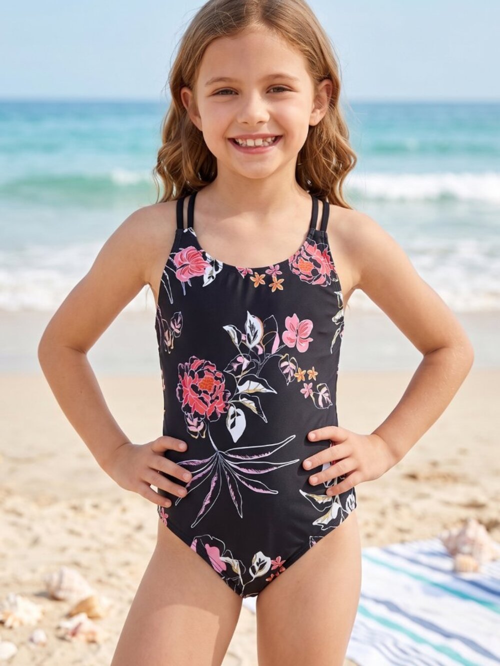 NWT Kanu Girls Reese Black Floral Strappy Cross Back One Piece Swimsuit Size 8